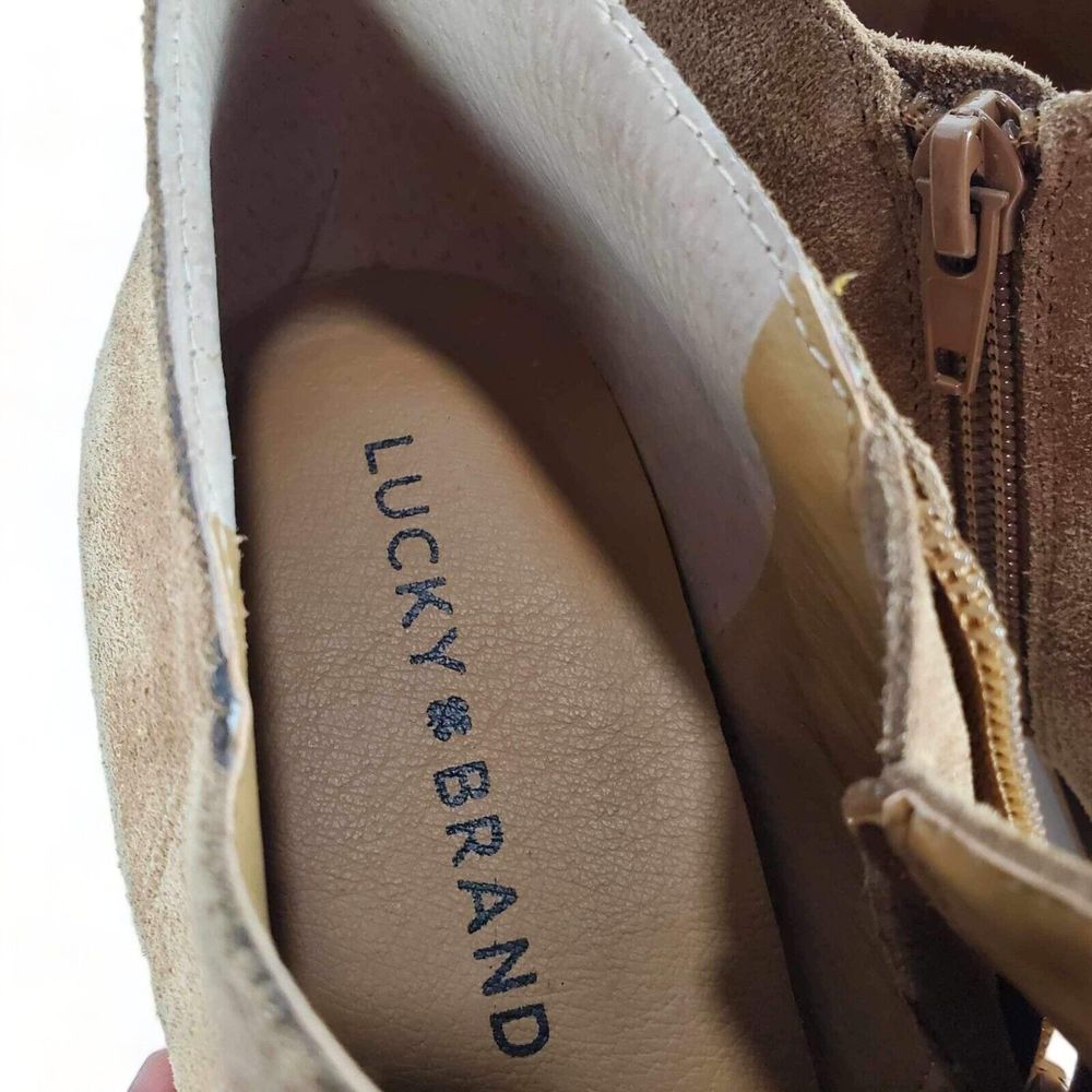 Lucky Brand Landrue Suede Leather Ankle Boots Brown Womens Size 8.5 Block Heels - Picture 9 of 11